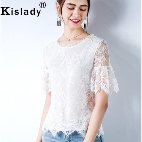 Blusas Mujer De Moda 2020 Foreign Flavor Hollow Out Lace Blouse Summer Sweet Fairy Womens Tops and Blouses White Round Neck Tops