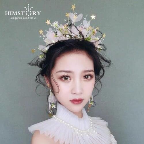 HIMSTORY Handmade Flower Star Bridal Girls Headband Hair Wreath Wedding Accessories Pearls Yarn Hairbands Women Jewelry diademas
