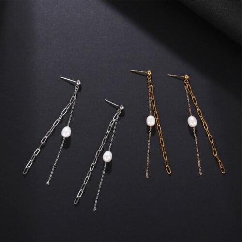New Stainless Steel Chain Link Pearl Long Line Earrings for Women 2021 Fashion Female Earrings High Quality Boutique Jewelry