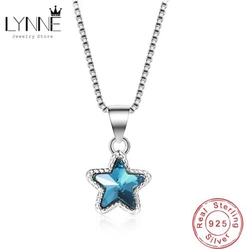 LYNNE Jewelry Fashion Party AAA CZ Necklace 925 Sterling Silver Sea Blue Crystal Star Pendant Necklace Women&Girl Birthday Gift