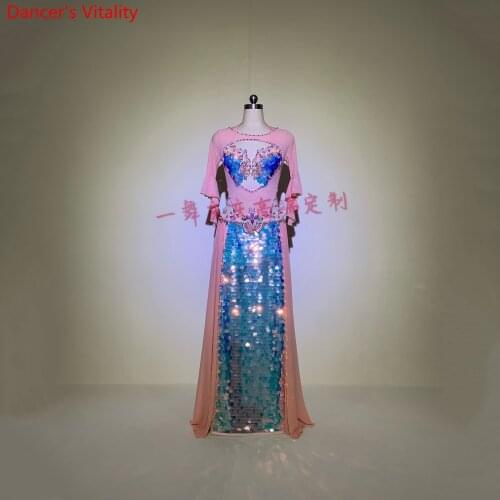 Customized Lady Belly Dance Sheer Robe Bra Sequin Bead Skirt Women Oriental Indian Drum Dance Group Competition Performance Set