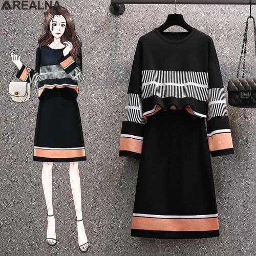Fashion Korean Elegant Knitted 2 Pieces Sets Hit Color Patchwork long Sleeve Sweater tops + High Waist Skirt Two Piece Set Women