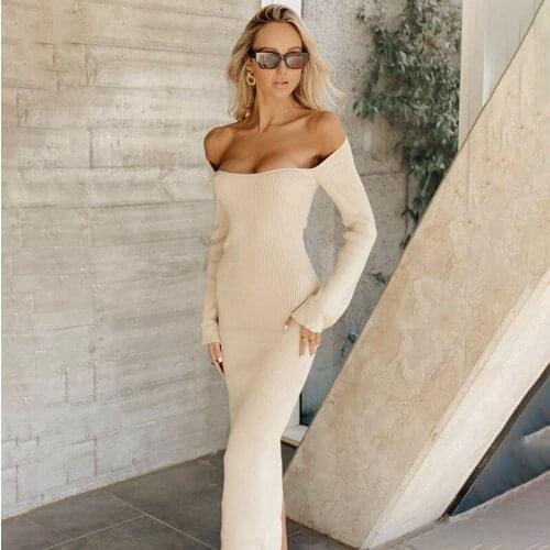 Sexy Off Shoulder Dresses for Women 2021 Autumn Casual Long Sleeve Midi Dress Elegant Backless Office Party Bodycon Dress Tunics