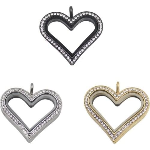 Gold Balck) Heart crystals stainless steel magnetic floating locket glass living memory lockets for diy jewelry make