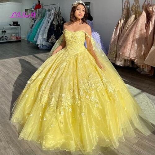 2021 Yellow Ball Gown Quinceanera Dresses Gorgeous 3D Flowers Beaded Prom Gowns Sweet 15 16 Dress Party Wear