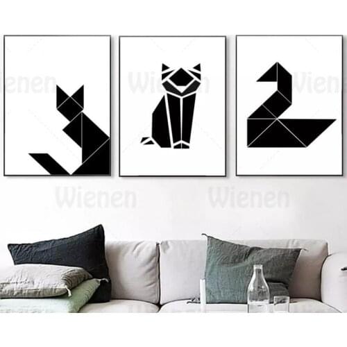Geometry Abstract Animal Posters Prints Black Tangrams Fox Cat Swan Picture Wall Art Canvas Painting Home Decoration Living Room