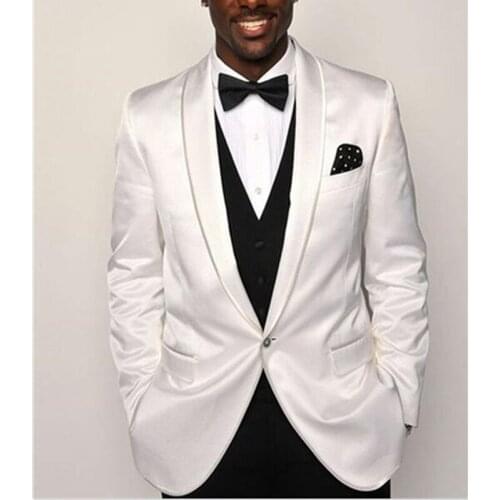 African Fashion Groom Tuxdedo for Wedding Dinner 3 Piece Slim Fit Men Suits White Jacket Black Vest with Pants 2021