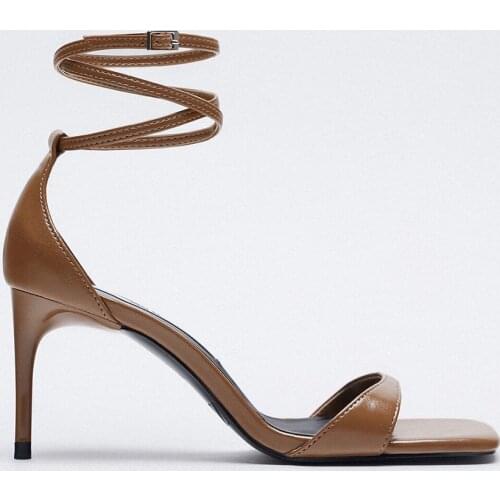 LMCAVASUN ZA Syle TRF Women Sandals One Stap In Font Square Toe Back Cover Heels High Thin Heels Shoes Women