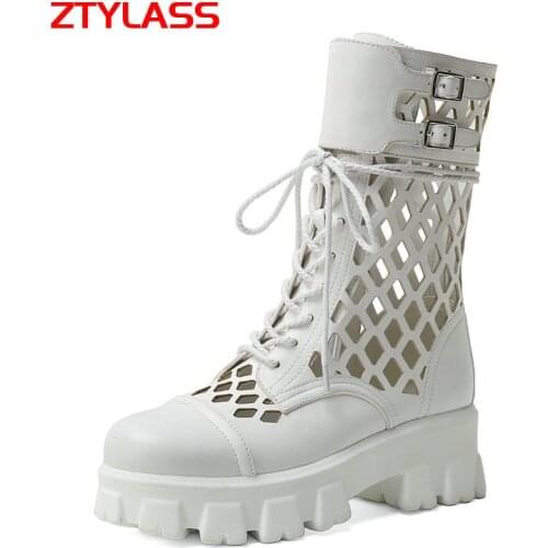 Fashion Zipper Platform Shoes Women Genuine Leather Mesh Boots Ladies Thick High Heel Round Toe Ankle Boots Spring Summer Shoes