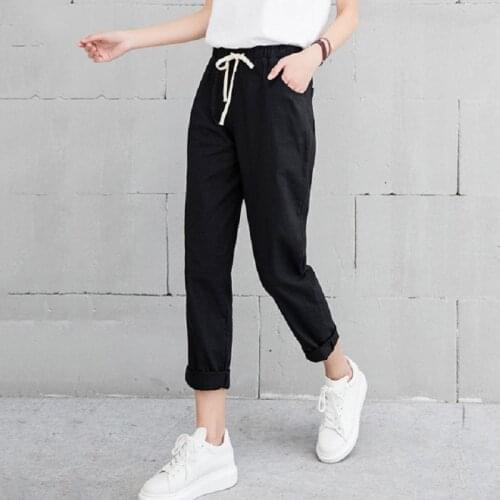 Fall Harem Linen Pants Women Fashion Elastic High Waist Black Trousers 2020 Pantalon Femme Spring Office Lady Casual White Pants