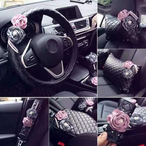 Fashion Original Design Rose Flower Series Car Interior Set Handbrake Cover Gearshift Collars Car Steering Wheel Cover Female