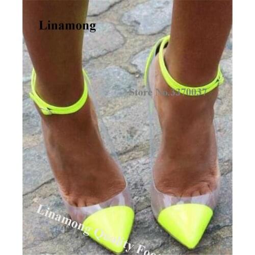 Linamong Designer Pointed Toe Pacthwork PVC Stiletto Heel Pumps Clear Transparent Ankle Strap 12cm High Heels Formal Dress Shoes