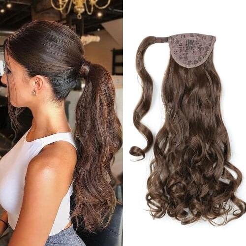 Long Wavy Wrap Around Ponytail Clip In Synthetic Hair Extensions 22" 100g With Hairpins Fake Pony Tail Hairpiece For Women Girls