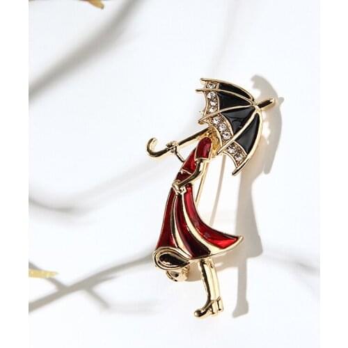 Enamel Crystal Rhinestone Girl Wearing Umbrella Collar Brooch Pins Jewelry Gift