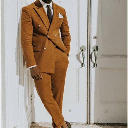 Light Brown Double Breasted Men Suits Set 2 Pieces Jacket+Pant Costume Homme Wedding Groom Tuxedos Terno Masculino Slim Fit