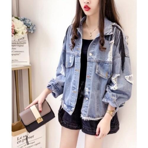 Harajuku Back Embroidered Flares Sequins Womens Denim Jackets Beading Tassel Hole Ripped Patchs Long Sleeve Female Loose Coats