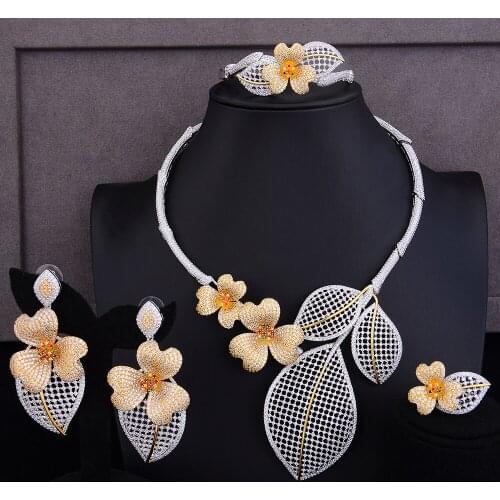LARRAURI Luxury Big Statement Flower Bridal Jewelry Sets For Women Necklace/Earring/Bracelet/Ring Wedding Jewelry Finding 2019