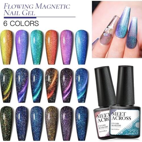 MEET ACROSS 6ml Ice Spar Cat Eyes Soak off Enamel UV Gel Nail Polish Blue Purple Magnetic Gel Varnishes Hybrid DIY For Manicure