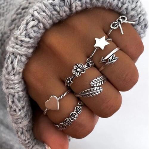 Trendy Metal Ring Set Womens Vintage Pentagram Love Bowknot Roses Flowers Leaves Alloy Golden White Gold Rings Jewelry for Girls