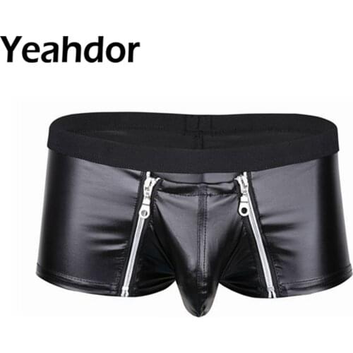 Men Lingerie Clubwear Faux Leather Zipper Open Pouch Boxer Briefs Underwear Exotic Panties Male Sexy Underpants Boxershort