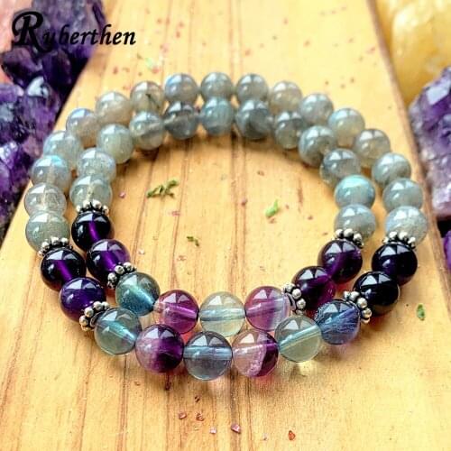 Ruberthen Genuine AA Grade Rainbow Fluorite Mala Bracelet Natural Labradorite A methyst Crystals Energy Bracelet Gift for Her
