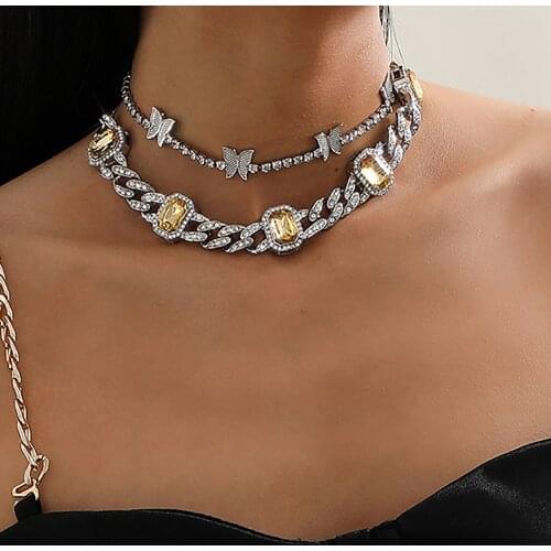 Luxurious Hip hop Women Cuba Necklace Butterfly Rhinestone Yellow Jewellery Chokers Necklaces Charm Link Chain Party Gift