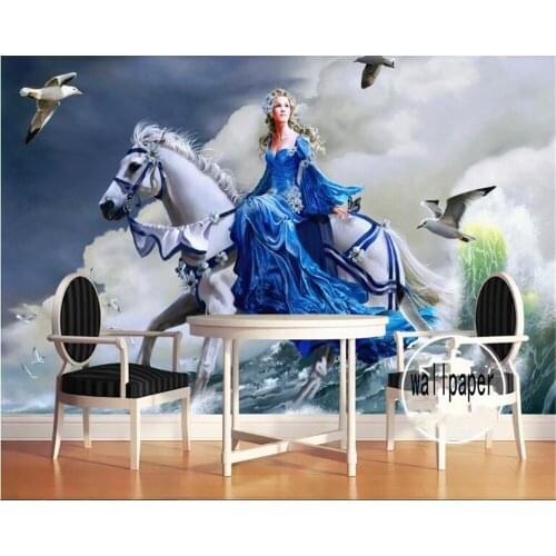 Custom wallpaper European-style hand-painted large waves riding white horse woman 3D wallpaper mural bar nightclub 3d wallpaper