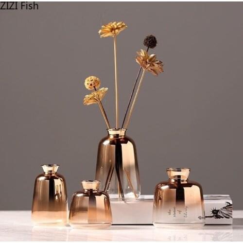 Transparent Gradient Glass Vase Desktop Decor Gold Pink Mini Vase Hydroponics Flower Arrangement Modern Floral Home Decoration