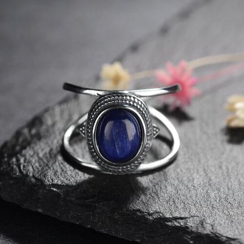 Luxury NaturalDark Blue Shining Kyanite Rings For Men Women Solid 925 Silver Gemstone Jewelry Size 6-10