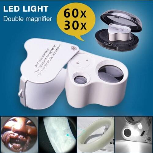 2 LED Handheld Magnifier 30x 60x Glass Lens Portable Foldable Jewelry Watches Loupe Magnifying Repair Tool Professional