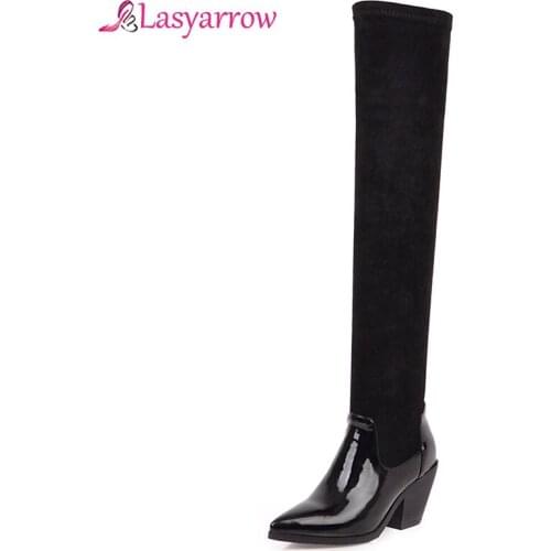 Lasyarrow Size 31-46 Thigh High Boots Women Casual Patchwork Stretch Shoes Women Autumn Winter Warm Square Heel Long Boots J1119