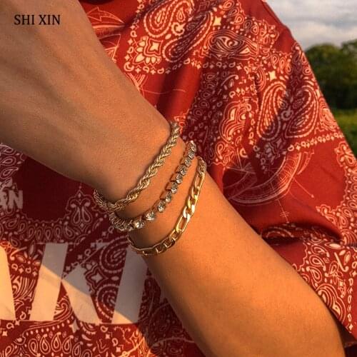 SHIXIN 3Pcs Rhinestone Bracelets Set for Men Exquisite Fashion Charm Layered Chain Hip Hop Bracelets on Hand Jewelry 2021 Gifts