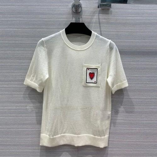 Thin Wool Luxury 100% Knitted Women 2021 New Summer O-neck Short Sleeve Tops Fashion Poker Embroidery Pocket T-shirt Top
