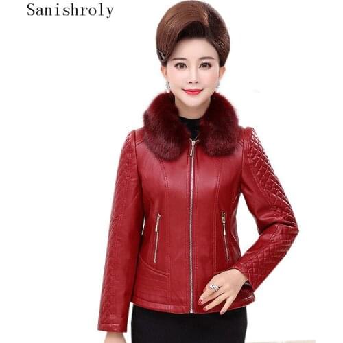 Sanishroly Autumn Winter Women Warm Thick Cotton PU Coat Fur Collar Faux Leather Jacket Female Motorcycle Coats Short Tops SE714
