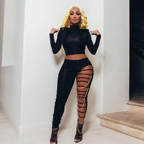 Women Fitness Two Piece Matching Set Black Turtleneck Long Sleeve Slim Fit Crop Top+hollow Out Pencil Legging Co Ord Outfits