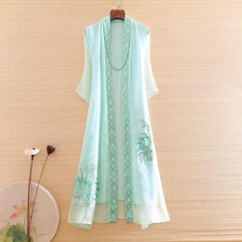 Women Silk Organza Trench Coat Embroidery Chinese Style fashion Thin and light elegant Lady Windbreaker coat female S-XXL