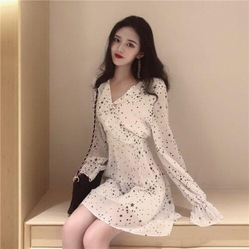 Fashion Brands Womens Clothing Chiffon Dress V-neck Polka Dot Female Ruffles Mini Dresses Autumn Style Vestidos Femininos New