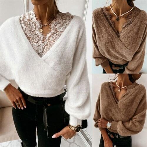 2021 New Women Sexy V-Neck Lace Blouses Lady Fall Winter Warm Soft Flannel Top Casual Solid Pullover Tops Fashion Streetwear