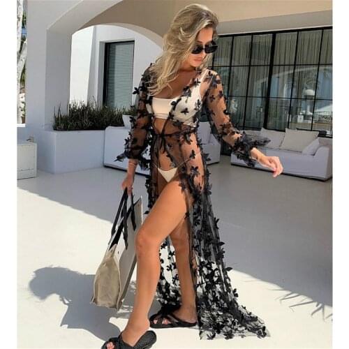 2021 New Women Bikini Cover Ups Summer Butterfly Mesh Sheer Beach Dress See Through Cardigan Sexy Swimsuit Cover Up Kimono