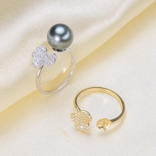 S925 Sterling Silver Flower Pearl Rings Settings Open Adjustable Pearl Rings Components Silver&Gold Color 3Pieces/Lot