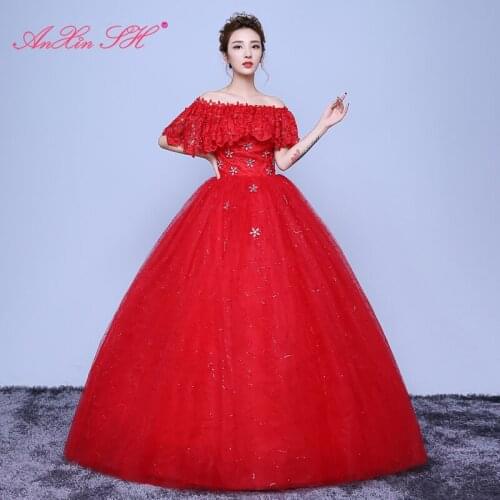 AXJFU Princess vintage flower red lace wedding dress luxury beading crystal boat neck ruffles lace ball gown white wedding dress