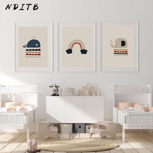 Boho Style Cartoon Wall Print Nursery Art Painting Elephant Rainbow Moon Sun Poster Nordic Kids Child Bedroom Decoration Picture