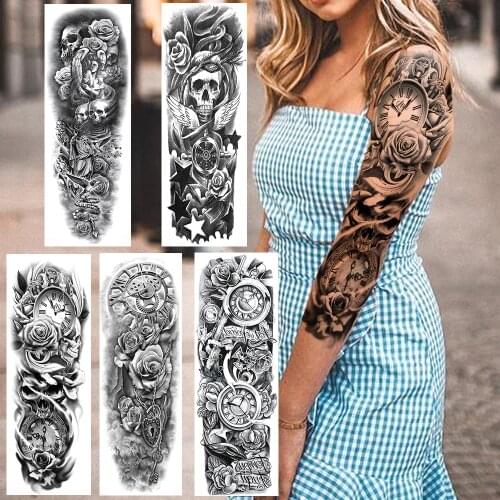 Black Sketch Full Flower Arm Tempporary Tattoos For Women Men 3D Rose Colck Tattoo Sticker Watetr Transfer Fake Skull Tatoos Leg