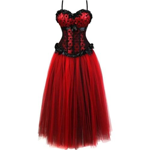 Gothic Corset Skirt Steampunk Polka DOTS Bustiers with Long Princess Mesh Tulle Masquerade Party Dresses Korsage Sexy Plus Size