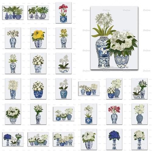 Chinoiserie Vase Posters,Blue And White China, Zen Decor,East Asian Art,White Flower Art,Home Decor Canvas Wall Art Prints Gift
