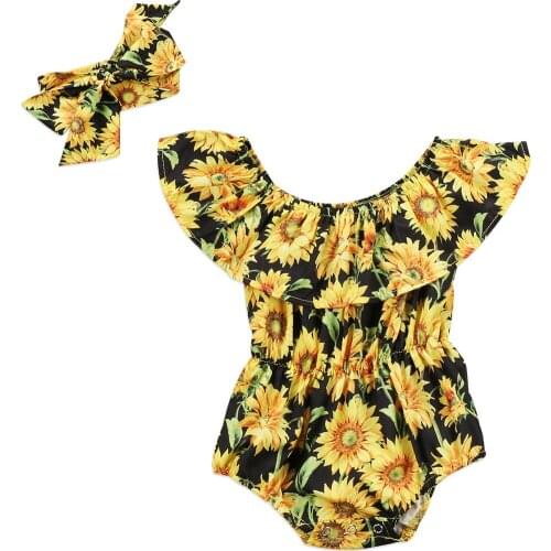 Newborn Baby Girls Floral Romper Headband Outfits Off Shoulder jumpsuit Sunsuit Summer Clothes 0-24 M