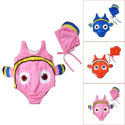 2Pcs Baby Girl Swimsuit Goldfish Swimwear Boys Swimmable Kids Beach Bikini Girls Print Sweet Costume+Swimming Hat Bathing Suit