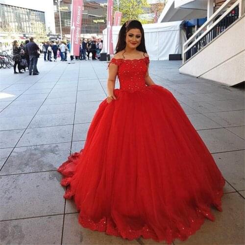 Red Lace Off Shoulder Tulle Ball Gowns Evening Dresses Applique With Silver Stones Crystals vestidos de festa longo Prom Dress