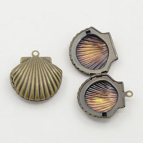 Brass Locket Pendants, Shell, Nickel Free, Antique Bronze, Tray: 15.5x13.5mm; 23.5x22x9mm, Hole: 1mm
