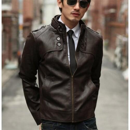 Brown Korean Coat Mens Artificial Leather Jacket Outer wear Top Fashion Personality Stand Neck Fit Casual Mixed Leather Jackets